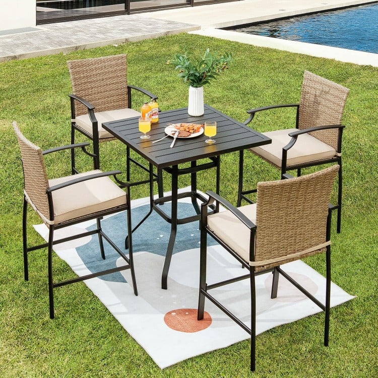 32-inch outdoor steel square bar table with waterproof surface, surrounded by four chairs, perfect for dining or.