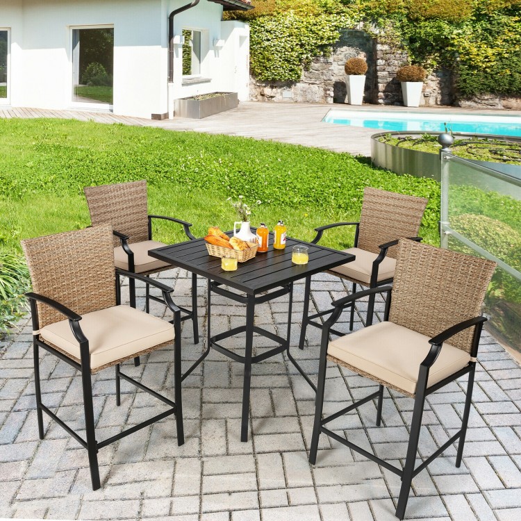 32-inch outdoor steel square bar table with a powder-coated surface, perfect for dining and entertaining on patios.