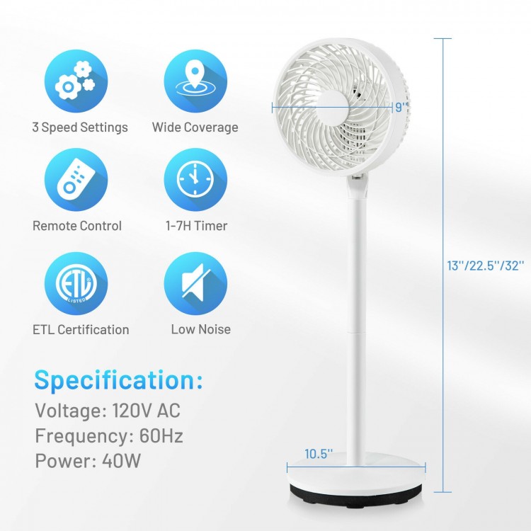 9-inch portable oscillating pedestal fan in white with adjustable height, 3 speeds, and remote control for home or.