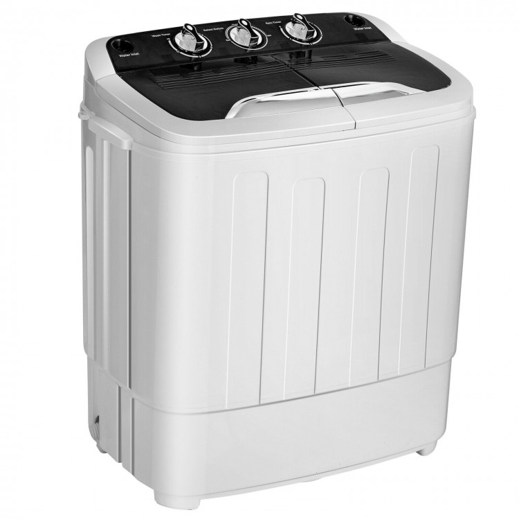 8 lbs compact twin tub washing machine with large opening lids, lightweight design for easy portability in apartments.