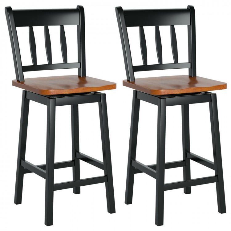 Set of 2 black swivel bar stools with 360° rotation, solid rubberwood frame, 24.5-inch height for kitchen or dining use.