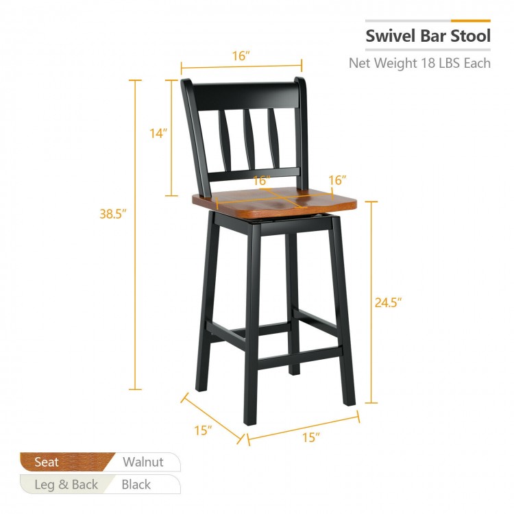 Swivel bar stool set of 2 in black and walnut, featuring a 24.5-inch height and 360° swivel for versatile seating.