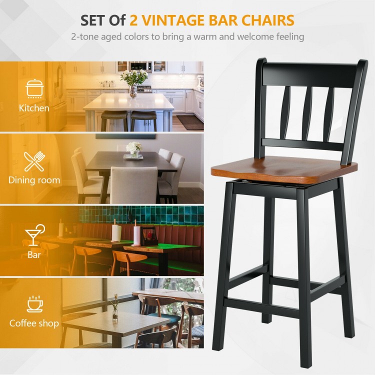 Set of 2 vintage bar stools with 360° swivel, solid rubberwood frame, ideal for kitchen and dining areas.