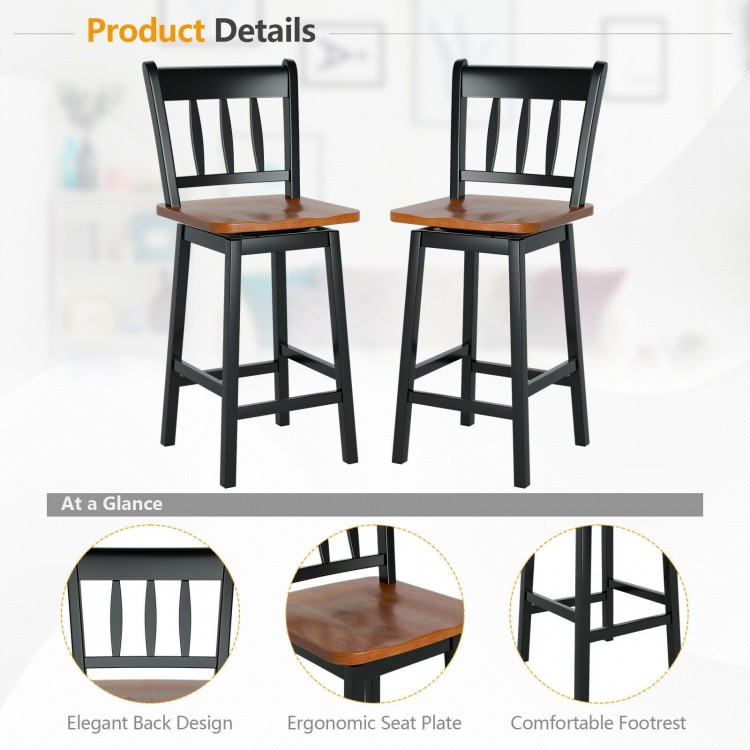 Set of 2 black swivel bar stools with 360° swivel, solid rubberwood frame, and ergonomic design for kitchen or dining.