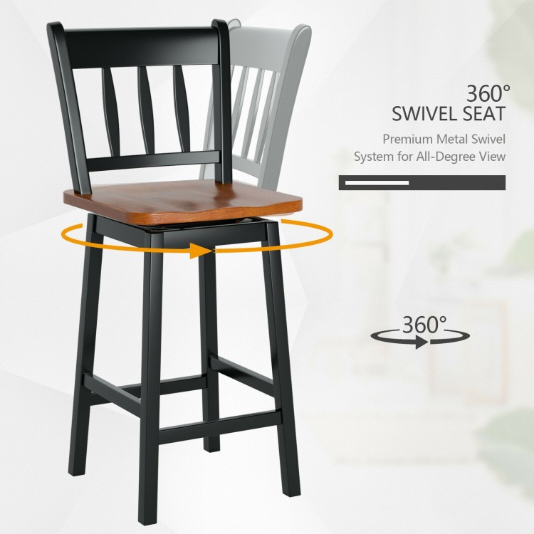 Black swivel bar stool with 360° seat and solid rubberwood frame, ideal for kitchen or dining room use.