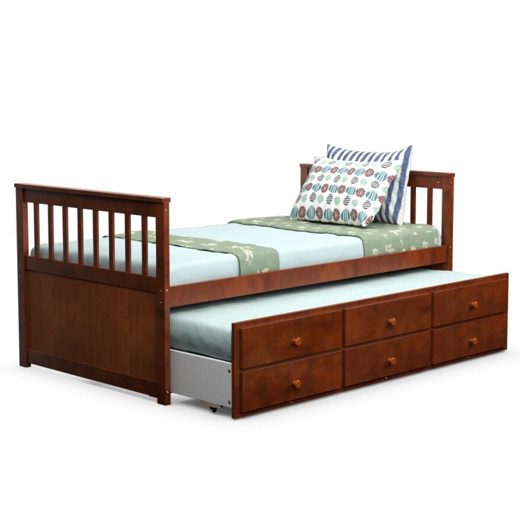 Twin Captain’s bed in walnut with pull-out trundle and 3 storage drawers, perfect for sleepovers and guest.