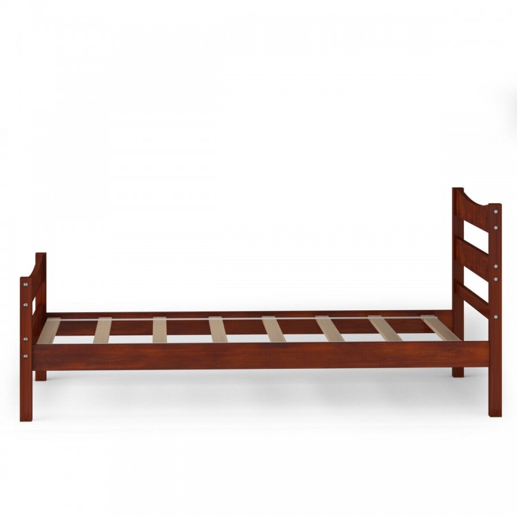 Twin size platform bed frame in walnut with solid pine wood, featuring slat support and ample under-bed storage space.