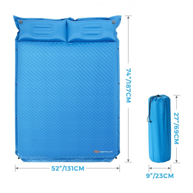 Self-inflating camping sleeping mat with pillows, 74"x52", waterproof surface, ideal for outdoor activities and travel.