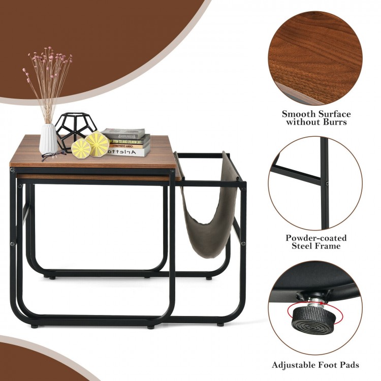 Nesting coffee table with rustic brown surface and adjustable foot pads, ideal for versatile placement in any room.