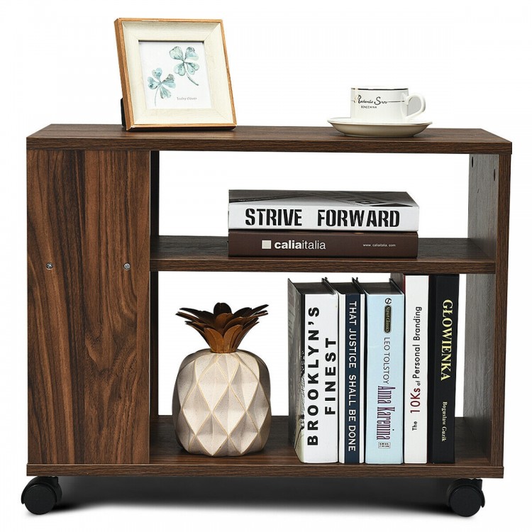 Multifunctional 3-tier side table with wheels, crafted from particle board, perfect for storage in any room.