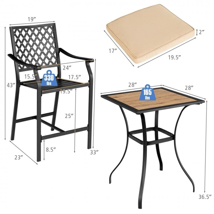 Patio bar set featuring 2 ergonomic bar stools with cushions and 1 square table, perfect for outdoor relaxation.