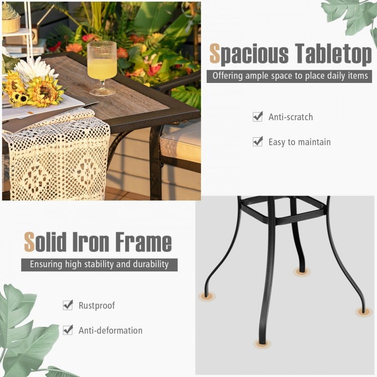Square table from the 3 Pieces Patio Bar Set, featuring a spacious tabletop and solid iron frame for outdoor use.