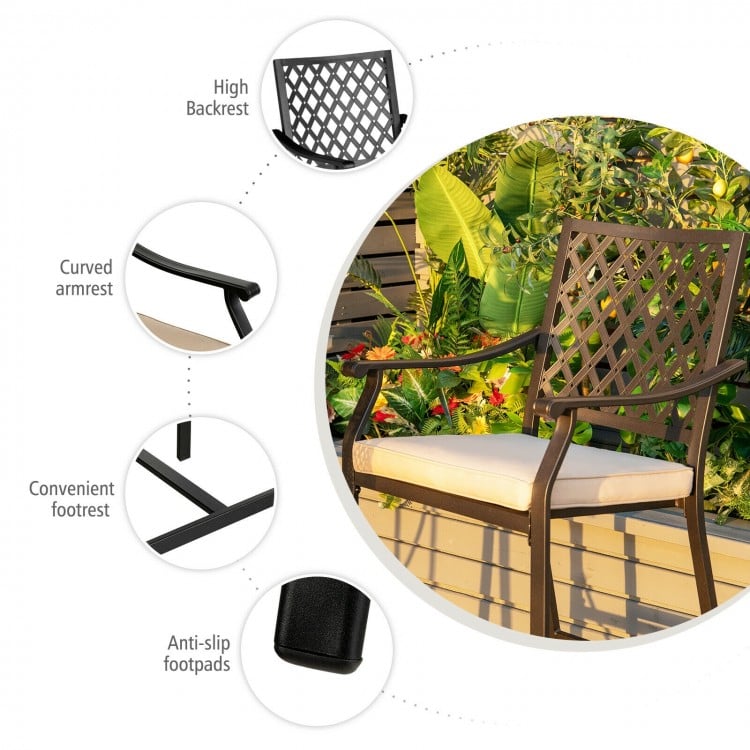 High backrest bar stool with curved armrest and anti-slip footpads, perfect for patio relaxation and comfort.