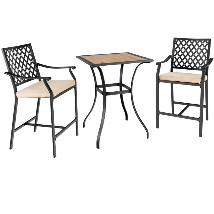 Patio bar set featuring 2 ergonomic bar stools with cushions and 1 square table, ideal for outdoor spaces.