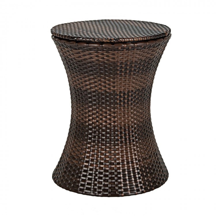 Height adjustable patio rattan cooler bar table in black, designed for outdoor use, keeps drinks cold and is easy to.