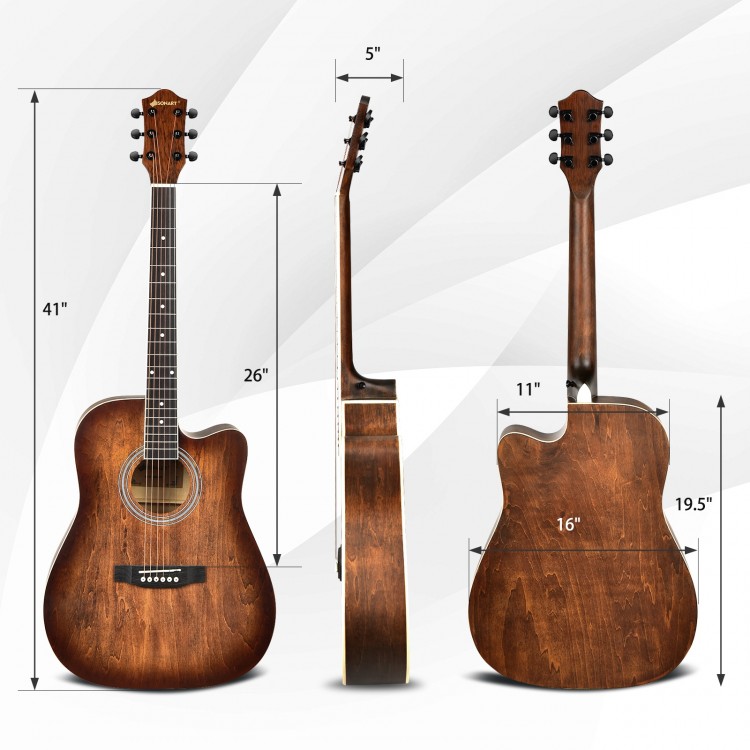 41-inch cutaway acoustic guitar set in coffee color, featuring precise tuning pegs and adjustable action for beginners.