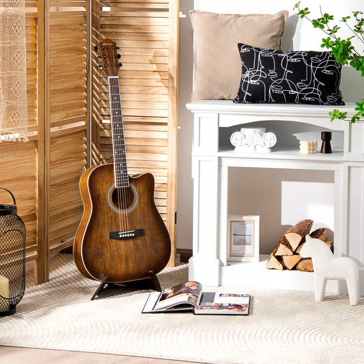 41-inch cutaway acoustic guitar set with a warm finish, perfect for beginners, displayed in a cozy living space.