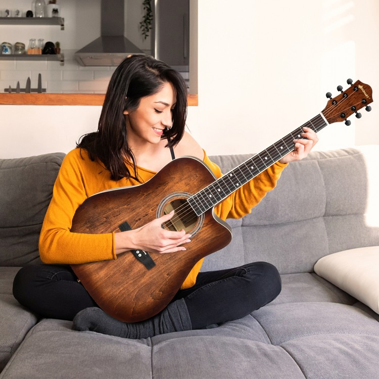 41-inch cutaway acoustic guitar in coffee finish, ideal for beginners, providing bright sound and easy tuning.