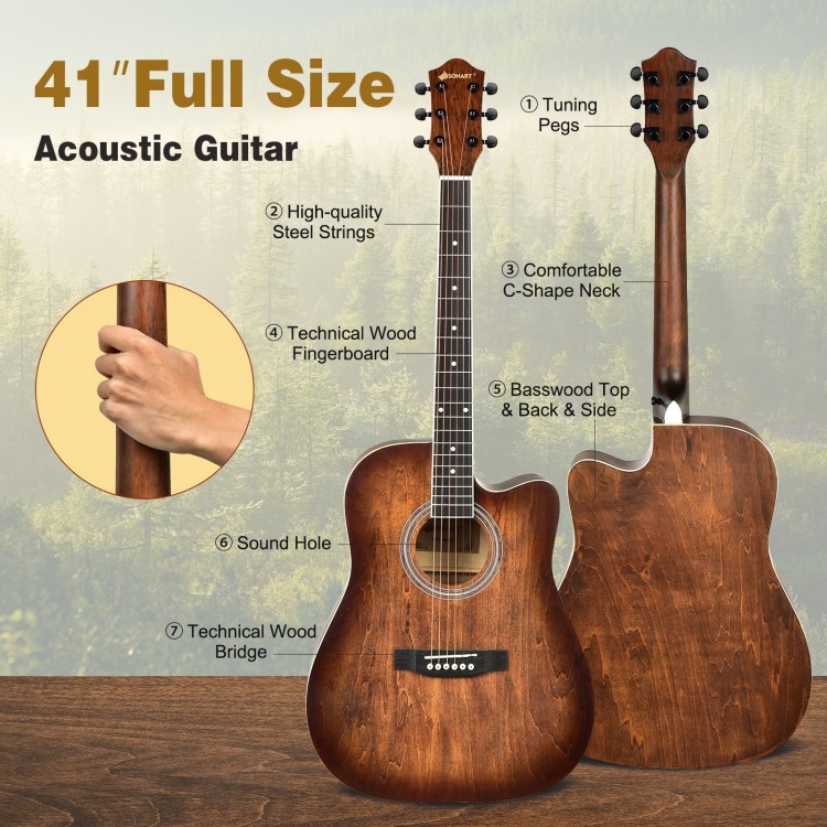 41" full-size cutaway acoustic guitar with basswood top, steel strings, and a comfortable C-shape design for beginners.