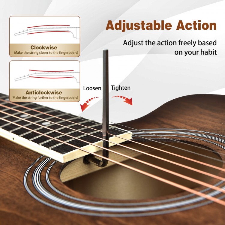 Adjustable action feature on a 41-inch cutaway acoustic guitar set for beginners, enhancing comfort and playability.