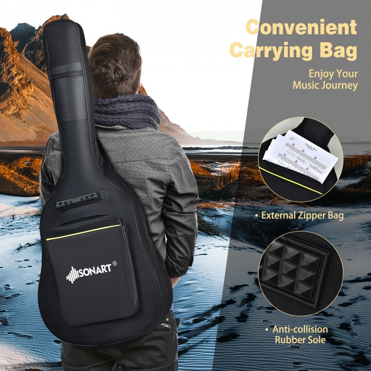 Cutaway acoustic guitar with carrying bag, featuring external zipper and anti-collision rubber sole for protection.