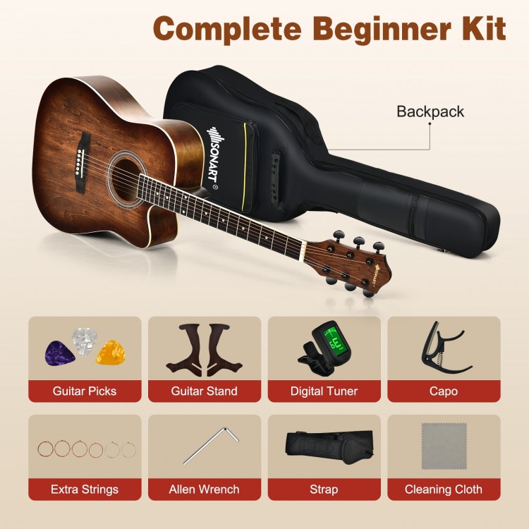 41-inch cutaway acoustic guitar set with carrying bag, digital tuner, and essential accessories for beginners.
