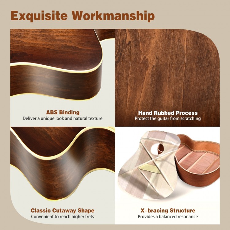 Close-up of the 41-inch cutaway acoustic guitar showcasing ABS binding and hand-rubbed finish for durability and charm.