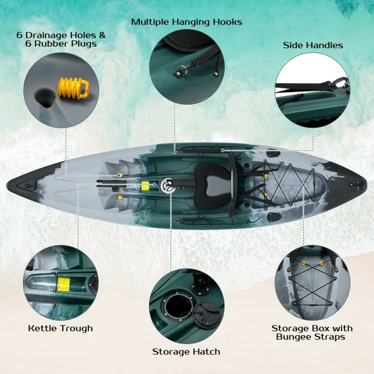Top view of the gray sit-on-top fishing kayak with storage hatch, fishing rod holders, and multiple handles for easy.