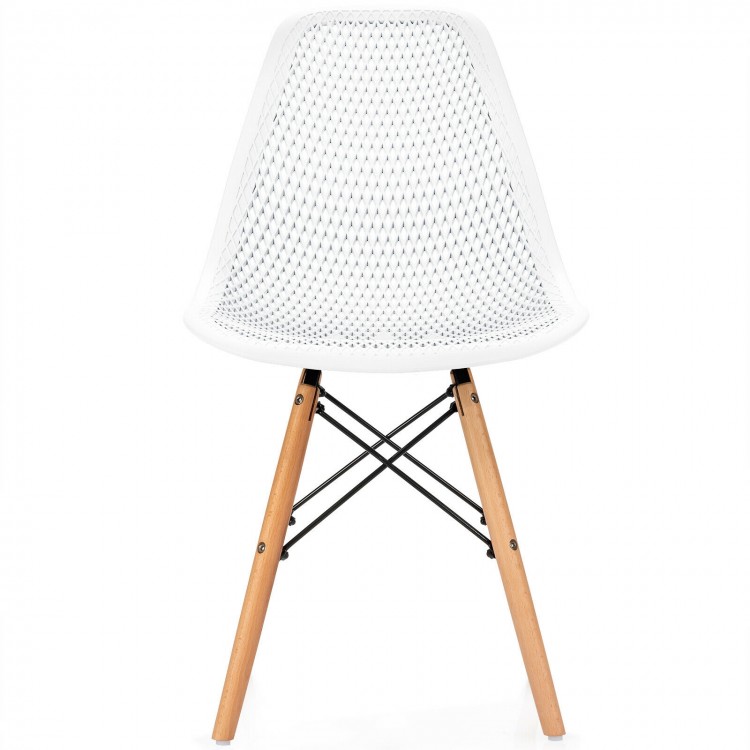 White modern plastic hollow chair with beech wood legs, ergonomic mesh seat for breathability, ideal for dining rooms.