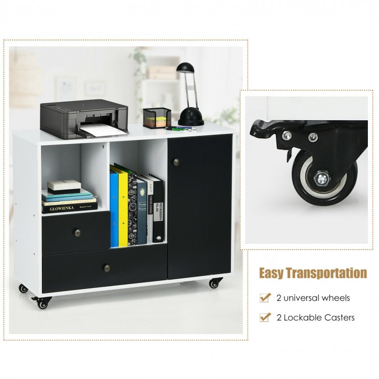 Lateral mobile filing cabinet in black with 2 drawers, 2 open shelves, and 4 casters for easy mobility and storage.