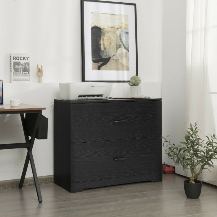 Black 2-drawer lateral file cabinet with adjustable bars, featuring smooth slide rails and a spacious top for office.