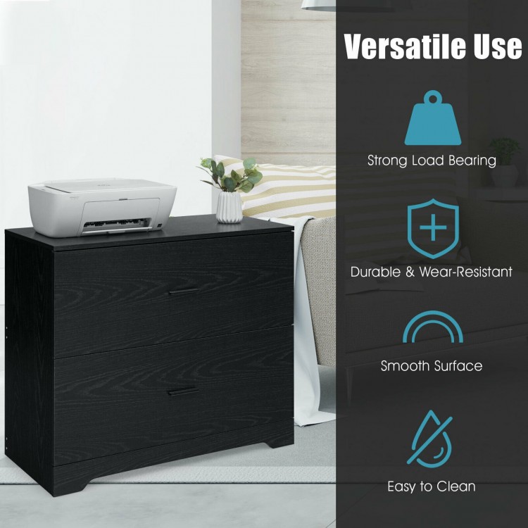 2-drawer lateral file cabinet in black with smooth surface, strong load bearing, and adjustable bars for home or office.
