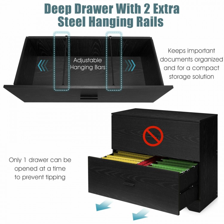 Deep drawer of a black 2-drawer lateral file cabinet with adjustable steel hanging bars for organized document storage.