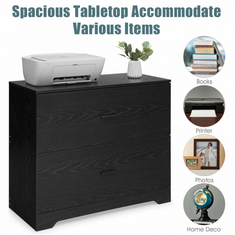 2-drawer lateral file cabinet in black with spacious tabletop for printer, featuring smooth slide rails and anti-tilt.
