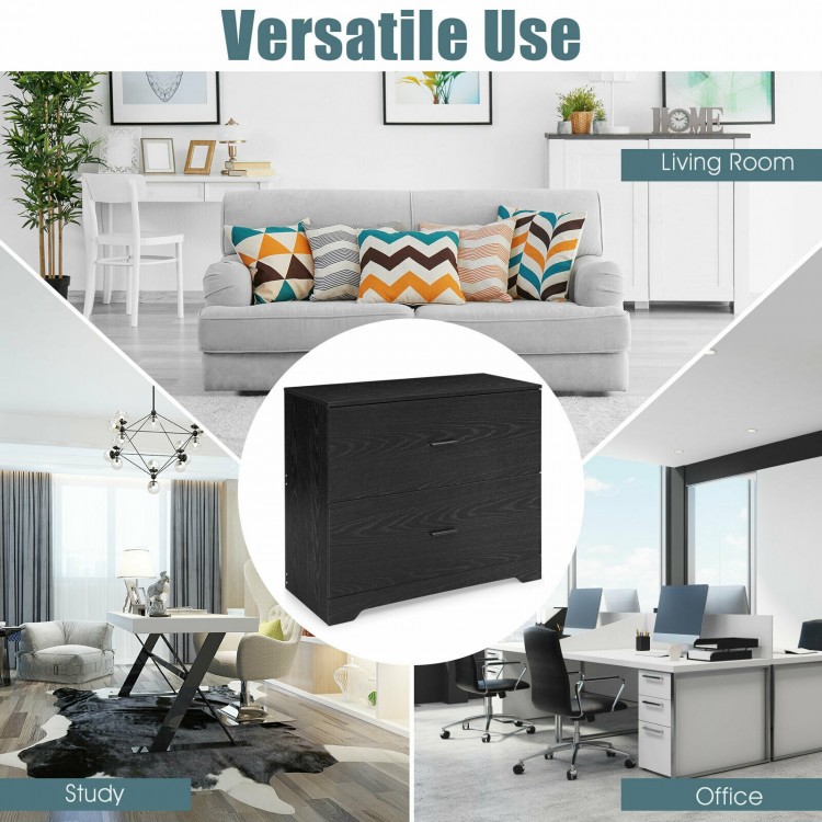 2-drawer lateral file cabinet in black with adjustable bars, ideal for home and office use, featuring smooth slide.