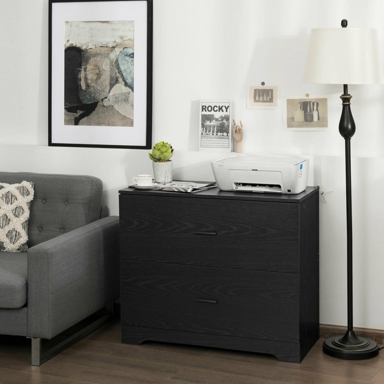 Black 2-drawer lateral file cabinet with adjustable bars, featuring a large desktop for printer and scanner in a.