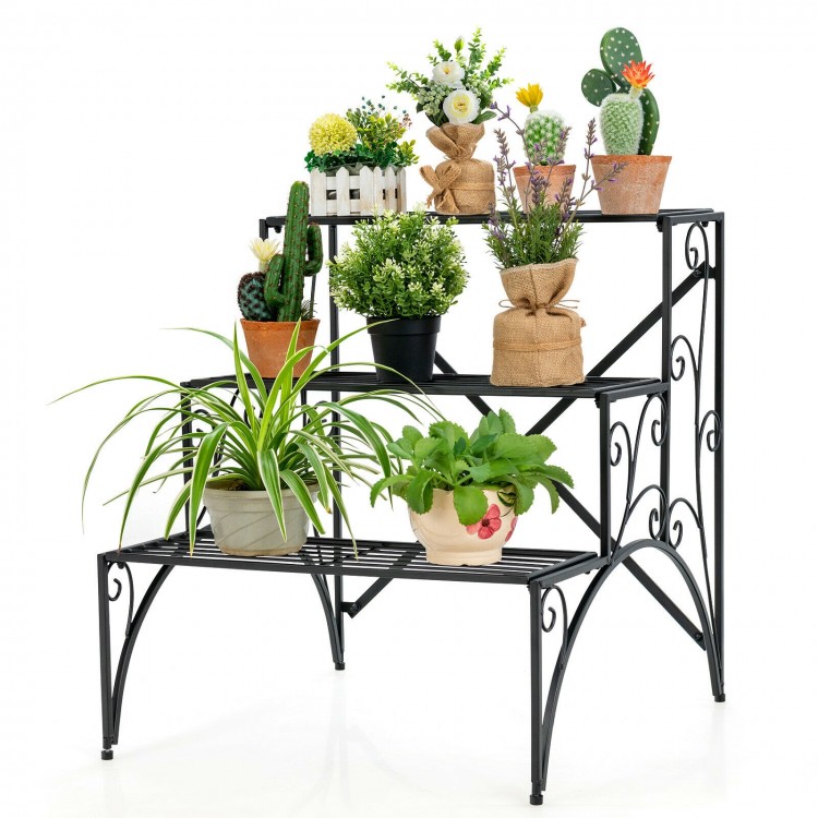 3-tier black metal plant stand with widened grid shelves, ideal for displaying plants indoors or outdoors.