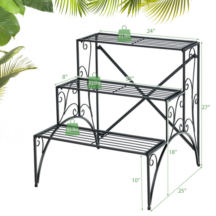 3-tier black metal plant stand with widened grid shelves for outdoor use, offering ample storage and quick drainage.