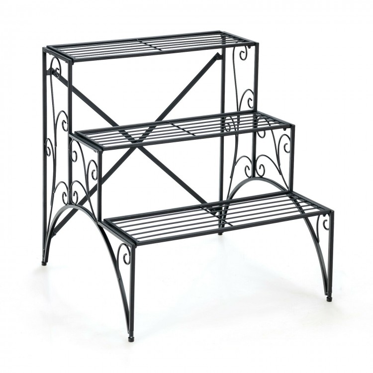 3-tier black metal plant stand with widened grid shelves for ample storage and quick drainage, perfect for indoor or.