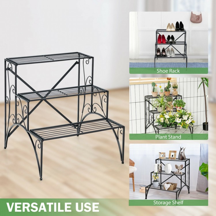 3-Tier Metal Plant Stand with Widened Grid Shelf for Porch Garden - Gallery View 9 of 10