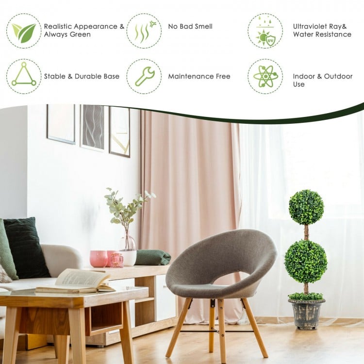 36-inch artificial double ball tree with UV protection, featuring realistic PE leaves, ideal for indoor and outdoor use.