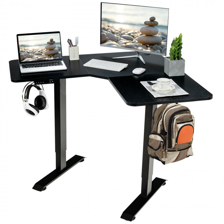 L-shaped electric standing desk in black with LCD display, 4 memory positions, and spacious work surface for office use.