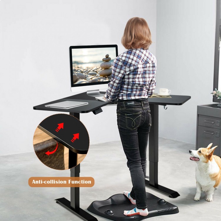 L-shaped electric standing desk in black with LCD display, anti-collision function, and adjustable height for ergonomic.