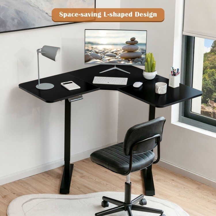 L-shaped electric standing desk in black with LCD display, height adjustable from 28.5" to 45.5", ideal for.