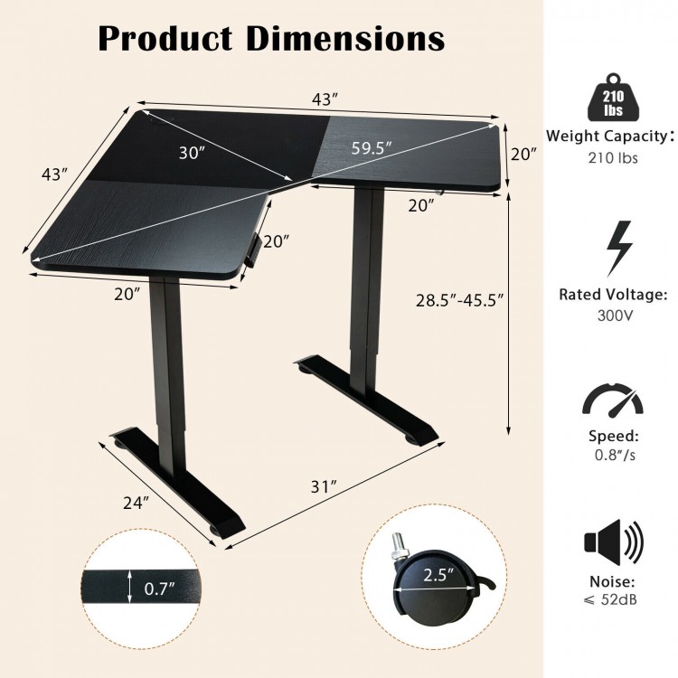 L-shaped electric standing desk with adjustable height, LCD display, and memory positions for efficient workspace.
