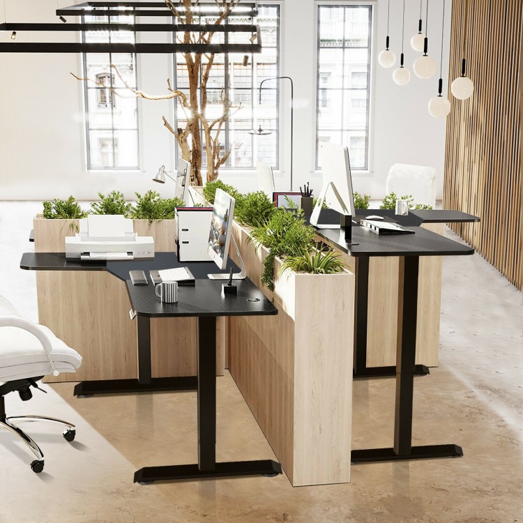 L-shaped electric standing desk in black with LCD display, featuring height adjustment and spacious work surface for.