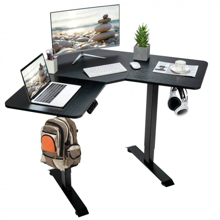 L-shaped electric standing desk in black with LCD display, adjustable height, and memory positions for efficient.