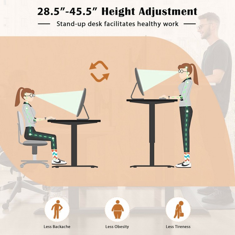 L-shaped electric standing desk with height adjustment from 28.5"-45.5", featuring LCD display and memory positions for.