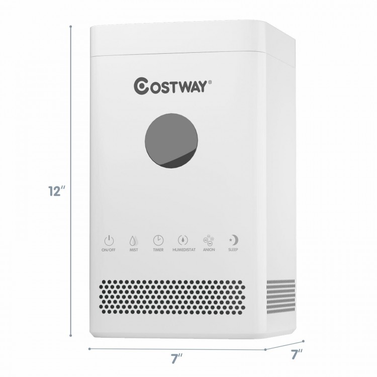 3.5L top fill air humidifier with LCD display, silver ion filtration, and 3 mist levels for quiet indoor use.