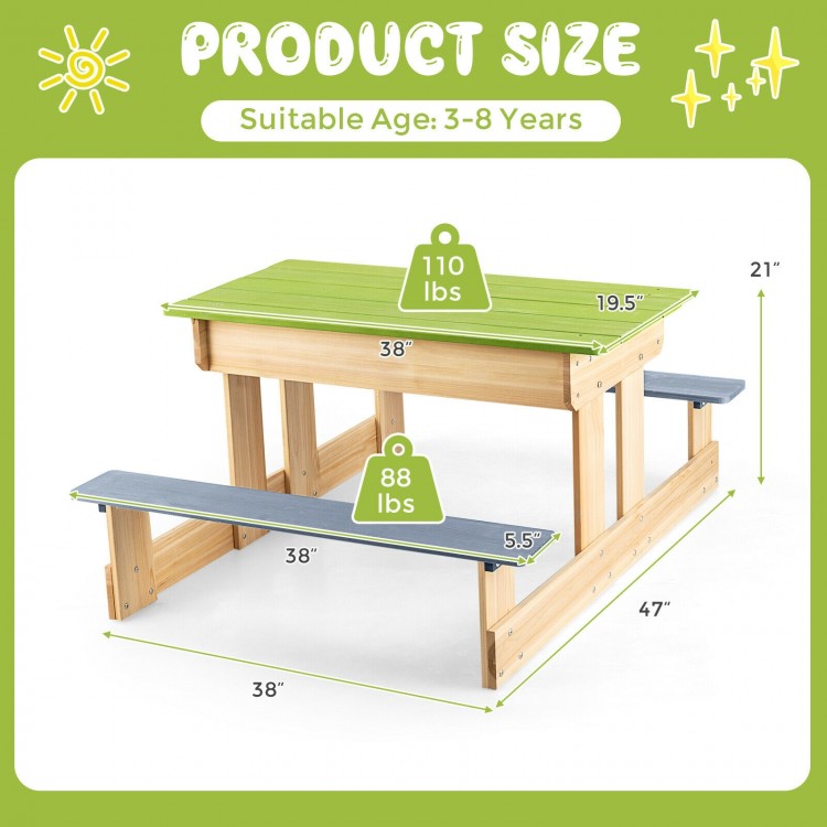 3-in-1 outdoor wooden kids picnic table with detachable sand and water boxes, suitable for ages 3-8, ideal for backyard.